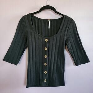 Free People Black Central Park Cardi Sweetheart Neckline Ribbed Button Down Top